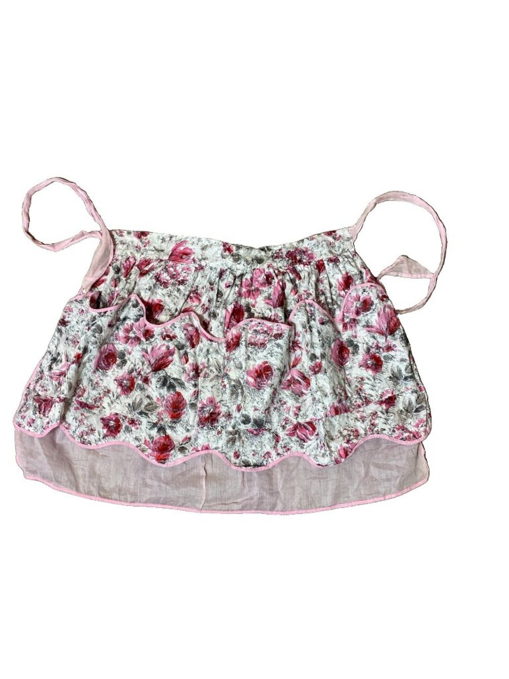 Vtg Handmade Reversible Apron Pink Roses Floral Print Chiffon On Reverse Pockets